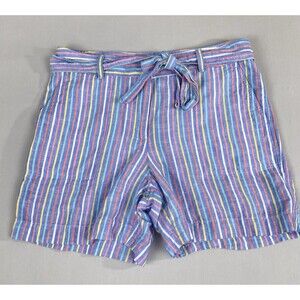 Talbots Linen Blend Tie Waist Shorts Women’s 8 Multi Color Stripe Pockets Norm